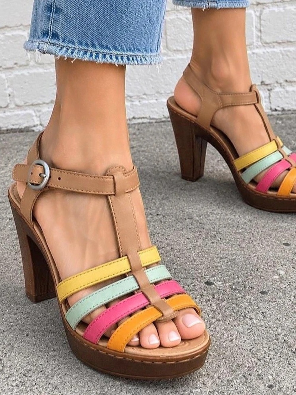 Born Riviera Citrus Combo Leather Platform Heel Sandals Multicolor Strappy